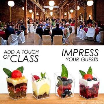DLux 32 x 3 oz Mini Dessert Cups with Spoons, Square Slanted - Clear Plastic Parfait Appetizer Cup - Small Reusable Serving Bowl for Tasting Party Desserts Appetizers - With Recipe Ebook