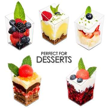 DLux 32 x 3 oz Mini Dessert Cups with Spoons, Square Slanted - Clear Plastic Parfait Appetizer Cup - Small Reusable Serving Bowl for Tasting Party Desserts Appetizers - With Recipe Ebook
