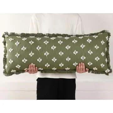 DRNOU Boho Long Lumbar Pillow Cover 14x36 with Tassel Fringe,3D Flower Patterned Extra Decorative Lo...
