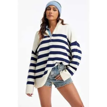 GREAIDEA Womens Striped Oversized Sweaters Trendy Quarter Zip Long Sleeve Loose Knit Turtleneck Pull...