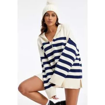 GREAIDEA Women’s Quarter Zip Striped Oversized Sweater
