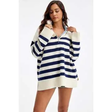 GREAIDEA Women’s Quarter Zip Striped Oversized Sweater