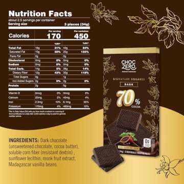 ChocZero 70% Dark Chocolate, Sugar Free, Low Carb, All Natural, Keto Friendly, 3.2 Ounce (Pack of 4)