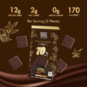 ChocZero 70% Dark Chocolate, Sugar Free, Low Carb, All Natural, Keto Friendly, 3.2 Ounce (Pack of 4)