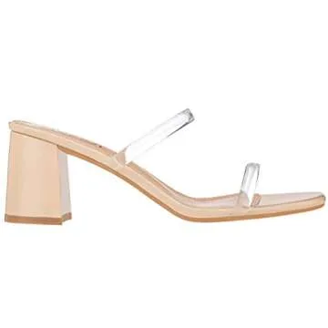 ILLUDE Women’s Block Heel Double Band Square Toe Heeled Sandal Slip On Mule - Lisa (6.5, Clear Nud...