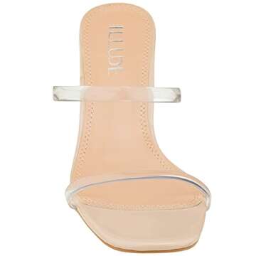 ILLUDE Women’s Block Heel Double Band Square Toe Heeled Sandal Slip On Mule - Lisa (6.5, Clear Nude)