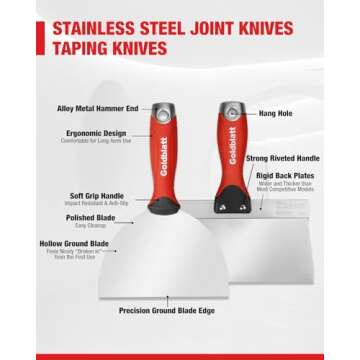 Goldblatt Drywall Hand Tool Kit - 14 in 1, 6 Pieces Stainless Steel Joint Knife, Taping Knives, Paniter Scraper, Mud Pan