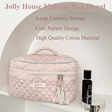 Jolly House Floral, Cotton Large Travel Cosmetic Bag Quilted, Coquette Makeup Bag Cute Aesthetic Flo...