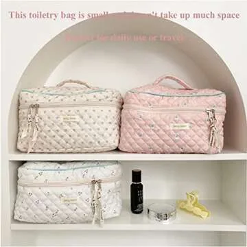 Jolly House Floral, Cotton Large Travel Cosmetic Bag Quilted, Coquette Makeup Bag Cute Aesthetic Floral Toiletry Bag Multifunction Storage Bag (Beige)