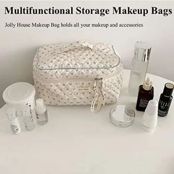 Jolly House Floral, Cotton Large Travel Cosmetic Bag Quilted, Coquette Makeup Bag Cute Aesthetic Floral Toiletry Bag Multifunction Storage Bag (Beige)