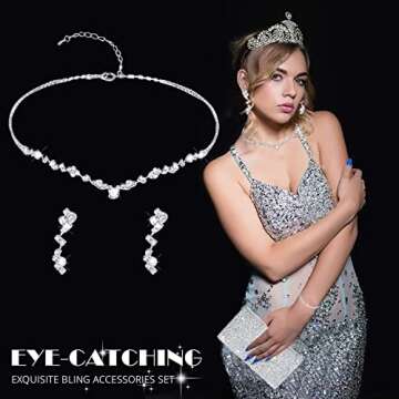 stablerice 4 Pieces Silver Clutch Purses Bag for Women Evening Rhinestone Jewelry Set Bling Necklace...