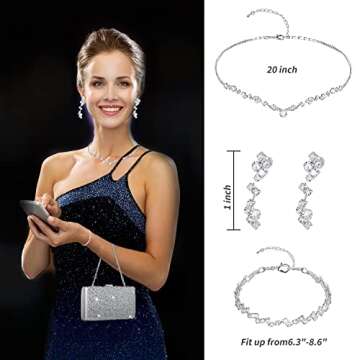 stablerice 4 Pieces Silver Clutch Purses Bag for Women Evening Rhinestone Jewelry Set Bling Necklace Earrings Bracelets Set for Wedding (Stylish Style)