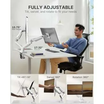 HUANUO Dual Monitor Stand - Full Adjustable Monitor Desk Mount Swivel Vesa Bracket with C Clamp, Grommet Mounting Base for 13 to 32 Inch Computer Screens - Each Arm Holds 4.4 to 19.8lbs - Whtie