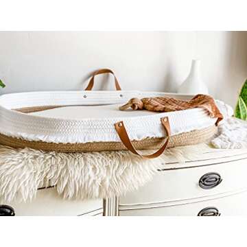 Original Cotton Rope Baby Changing Basket with Foam Pad & Organic Cover, Moses Basket, Changing Table Topper by Coastfully Yours | Farmhouse Nursery Decor | Boho Nursery Decor