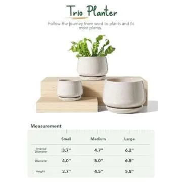 LE TAUCI Plant Pots, 4.1+5.1+6.5 inch, Set of 3, Ceramic Planters with Drainage Hole and Saucer, Indoor Flower Pot with Hole Mesh Pad, Gifts for Mom, Reactive Glaze Beige