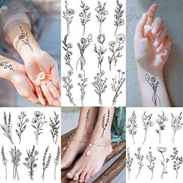 15 Sheets FANRUI Sexy Tiny Branch Black Flower Temporary Tattoos For Women Girl Neck Realistic Floral Bouquet Small Tattoo Temporary Lavender Fake Tattoo Sticker For Adults Face Hands Kit
