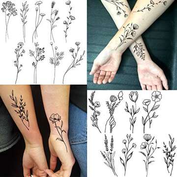 15 Sheets FANRUI Sexy Tiny Branch Black Flower Temporary Tattoos For Women Girl Neck Realistic Floral Bouquet Small Tattoo Temporary Lavender Fake Tattoo Sticker For Adults Face Hands Kit