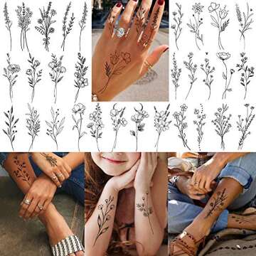 15 Sheets FANRUI Sexy Tiny Branch Black Flower Temporary Tattoos For Women Girl Neck Realistic Floral Bouquet Small Tattoo Temporary Lavender Fake Tattoo Sticker For Adults Face Hands Kit