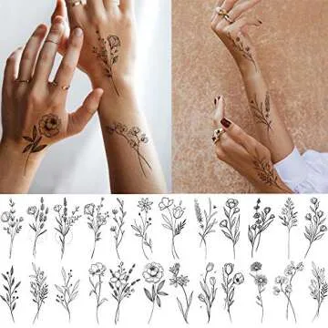 15 Sheets FANRUI Sexy Tiny Branch Black Flower Temporary Tattoos For Women Girl Neck Realistic Floral Bouquet Small Tattoo Temporary Lavender Fake Tattoo Sticker For Adults Face Hands Kit