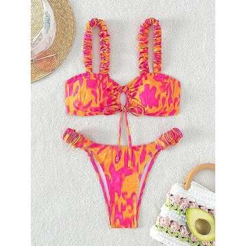 SOLY HUX Women's Bikini Sets High Waisted Bathing Suits Two Piece Swimsuits Allover Print Tie Front Swimwear Pink Orange Multi M