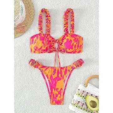SOLY HUX Women's Bikini Sets High Waisted Bathing Suits Two Piece Swimsuits Allover Print Tie Front Swimwear Pink Orange Multi M