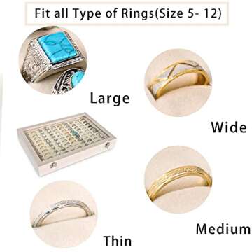 Frebeauty Ring Organizer Tray 100 Slots Ring Holder with Clear Lid Velvet Ring Storage Box Ring Tray for Jewelry Store Ring Display Case for Jewelry Show Ring Box for Women(Beige)