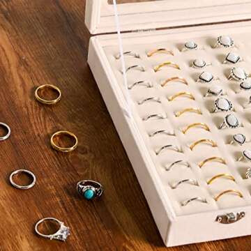 Frebeauty Ring Organizer Tray 100 Slots Ring Holder with Clear Lid Velvet Ring Storage Box Ring Tray for Jewelry Store Ring Display Case for Jewelry Show Ring Box for Women(Beige)