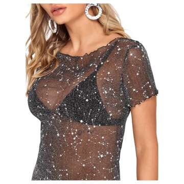 Floerns Women's Sheer Mesh See Through Glitter Swimsuit Cover Up Black XS