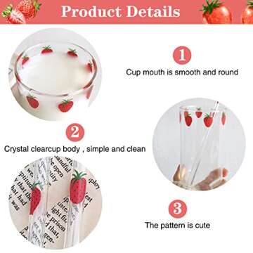 SFGHOUSE Strawberry Glass Cup with Straw Clear Strawberry Cups Cute Glass Tumbler with Straw Glasses Bottle for Juice Water Milk Coffee Tea 300ML (A Set)