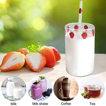 SFGHOUSE Strawberry Glass Cup with Straw Clear Strawberry Cups Cute Glass Tumbler with Straw Glasses Bottle for Juice Water Milk Coffee Tea 300ML (A Set)