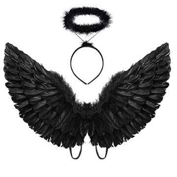 Black Angel Costume Wings and Halo Angel Costume for Girls Kids Adult Halloween Christmas (Black)
