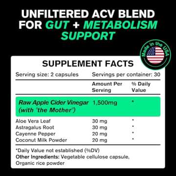 Organic Apple Cider Vinegar Capsules with The Mother - Energy Help Plus Heart, Gut, and Immune Healt...