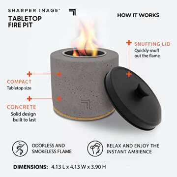 Tabletop Fire Pit by Sharper Image- Portable, Concrete Mini Fireplace for Outdoor Use, Odorless & Sm...