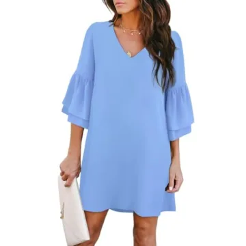 BELONGSCI Women's 2023 Summer Dress Sweet & Cute V-Neck Bell Sleeve Shift Dress Mini Dress, Perfect ...