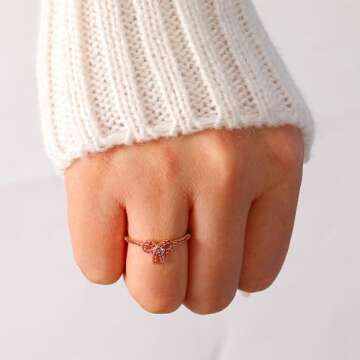 AIBELOPY Pink Bow Rings for Women Mother Daughter Knot Ring Friendship Rings Cubic Zirconia Bowknot ...