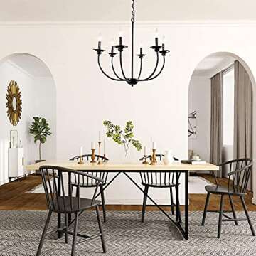 LALUZ Black Chandelier, Farmhouse Chandeliers for Dining Room, Living Room, Bedroom, Solid Matte Black, 26” Dia