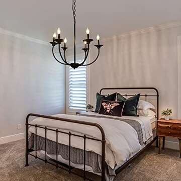 LALUZ Black Chandelier, Farmhouse Chandeliers for Dining Room, Living Room, Bedroom, Solid Matte Black, 26” Dia