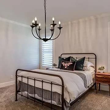 LALUZ Black Chandelier, Farmhouse Chandeliers for Dining Room, Living Room, Bedroom, Solid Matte Black, 26” Dia