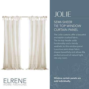 Elrene Home Fashions Jolie Crushed Semi-Sheer Curtain – 52" x 108" Adjustable Tie-Top Panel in Ivo...