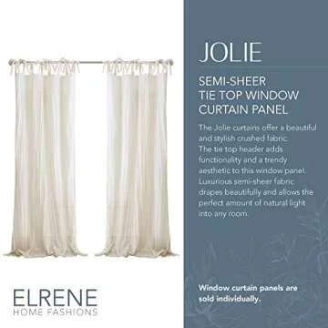 Elrene Home Fashions Jolie Crushed Semi-Sheer Curtain – 52" x 108" Adjustable Tie-Top Panel in Ivo...