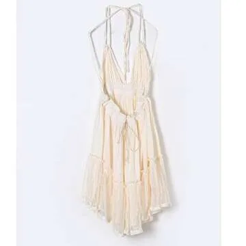 VERGOODR Women's Summer Boho Bohemian Deep V Neck Sexy Patchwork Mini Short Backless Beach Dresses (XS, Creamy-White)