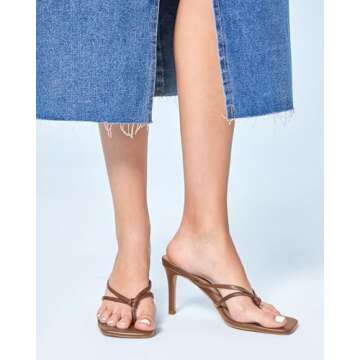 Coutgo Womens Heeled Sandals Strappy Square Toe Flip Flops Fashion Thong Slip on Stiletto Sandals, B...