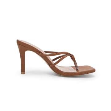 Coutgo Womens Heeled Sandals Strappy Square Toe Flip Flops Fashion Thong Slip on Stiletto Sandals, Brown, Size 7.5
