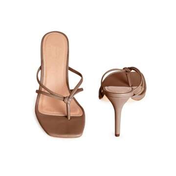 Coutgo Womens Heeled Sandals Strappy Square Toe Flip Flops Fashion Thong Slip on Stiletto Sandals, Brown, Size 7.5