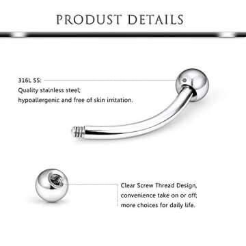 Hoeudjo 18Pcs 16G Surgical Steel Eyebrow Ring Curved Barbell Eyebrow Piercing Body Jewelry for Women...
