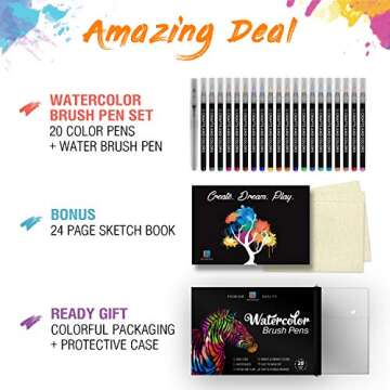 Watercolor Brush Pens – 20 Vibrant Markers with Bonus 1 Refillable Water Brush Pen, Paper Pad and Carry Case – High Quality Non-Toxic Safe & Fun Watercolors in Gift Ready Package
