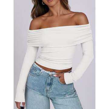 ANRABESS Womens Long Sleeve Off Shoulder Shirts Tight Fitted Going Out Y2K Sexy Ruched Tee Tops Blou...