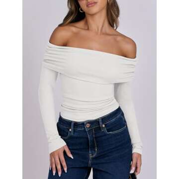 ANRABESS Womens Long Sleeve Off Shoulder Shirts Tight Fitted Going Out Y2K Sexy Ruched Tee Tops Blouses 2024 Trendy Outfits White Medium