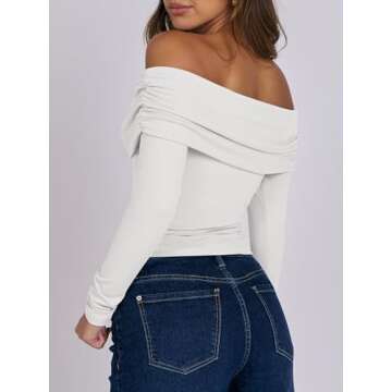 ANRABESS Womens Long Sleeve Off Shoulder Shirts Tight Fitted Going Out Y2K Sexy Ruched Tee Tops Blouses 2024 Trendy Outfits White Medium