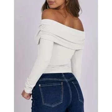 ANRABESS Womens Long Sleeve Off Shoulder Shirts Tight Fitted Going Out Y2K Sexy Ruched Tee Tops Blouses 2024 Trendy Outfits White Medium
